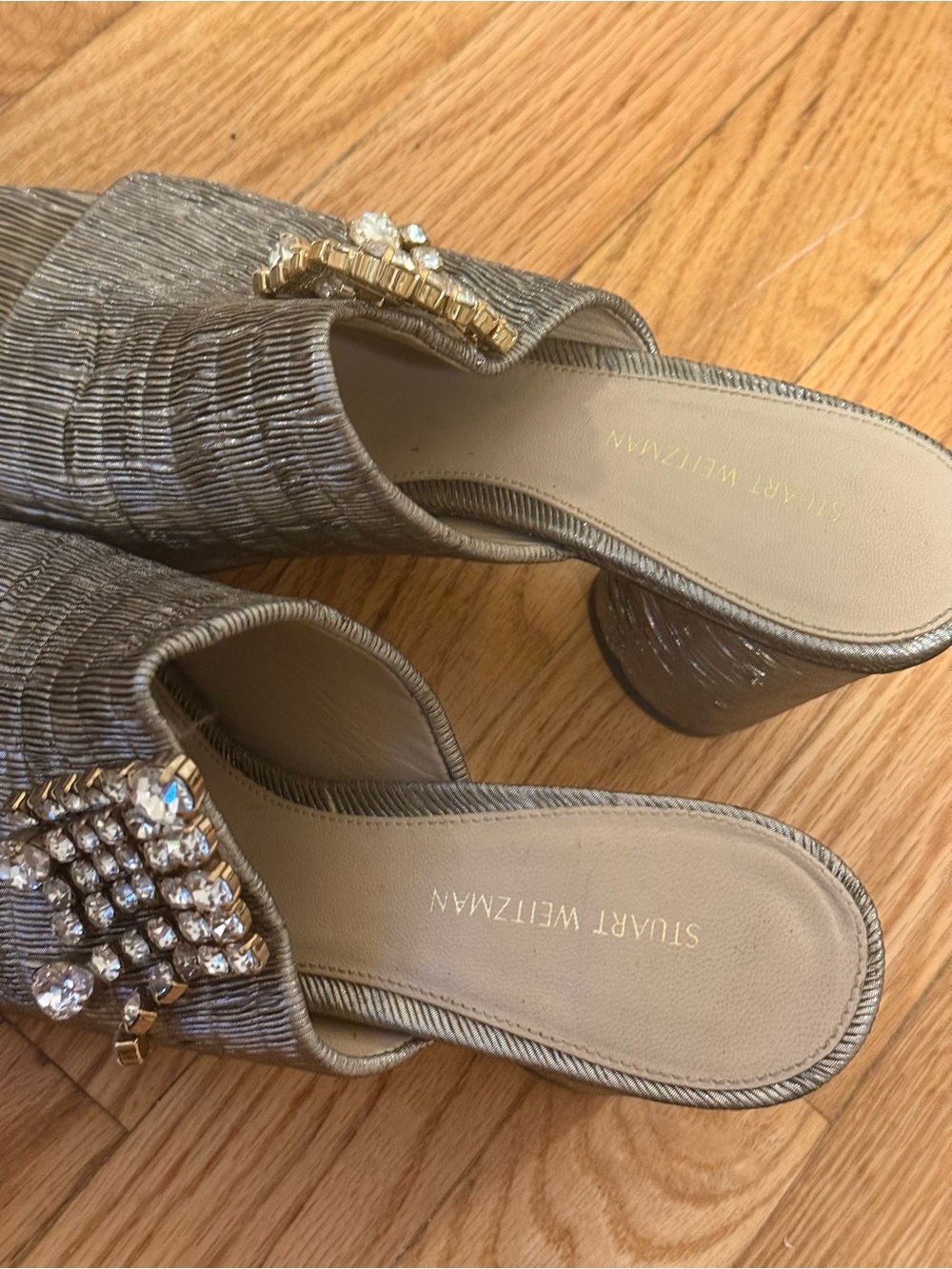 Stuart Weitzman Silver Metallic Jeweled Slide Mules